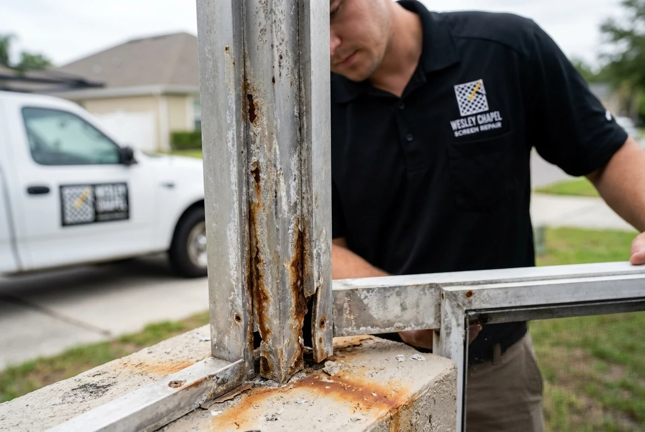 Technician replacing a corroded aluminium upright on a screen enclosure frame