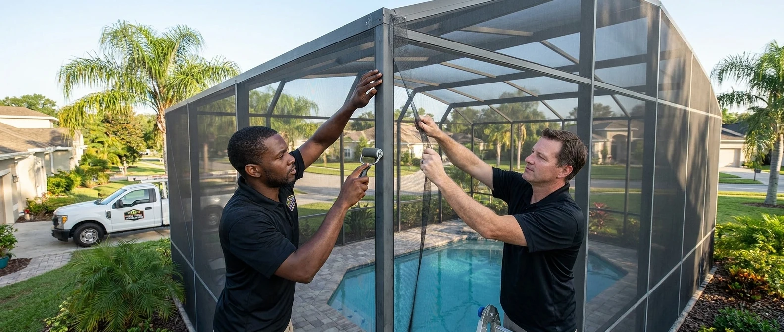 Two Wesley Chapel Screen Repair techs rescreening a pool cage, one running a spline roller