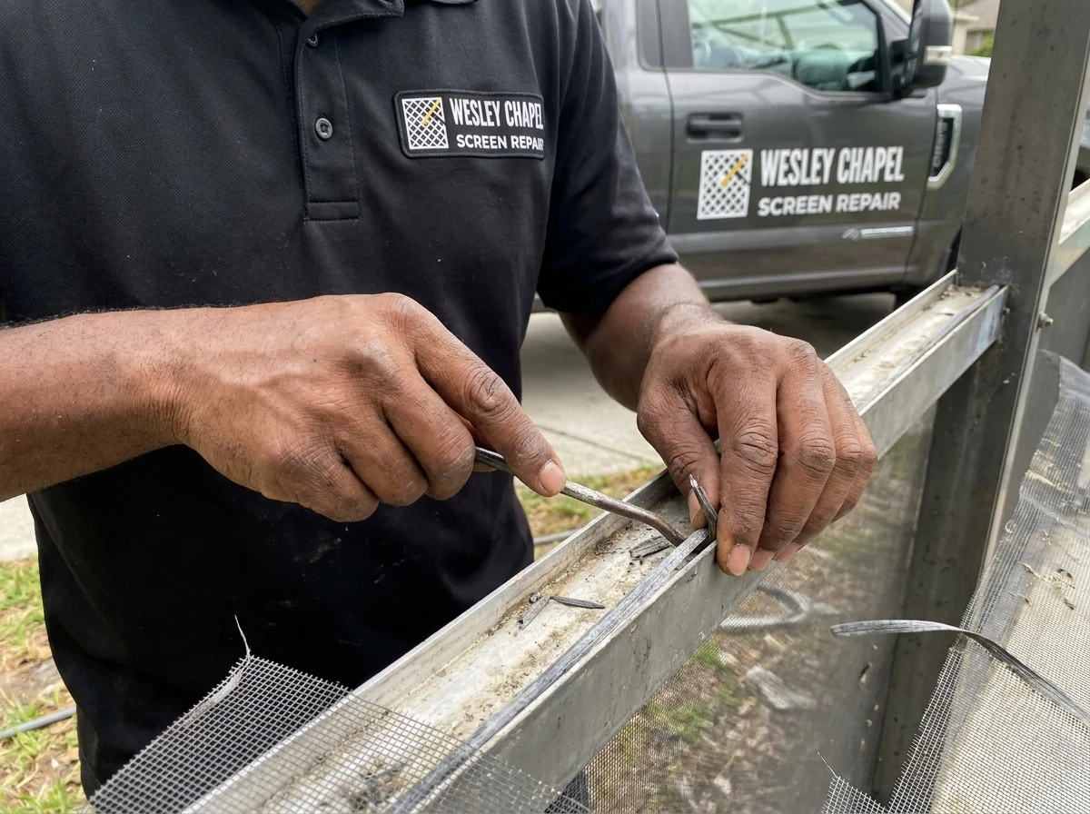 Technician pulling old spline out of an aluminum screen channel