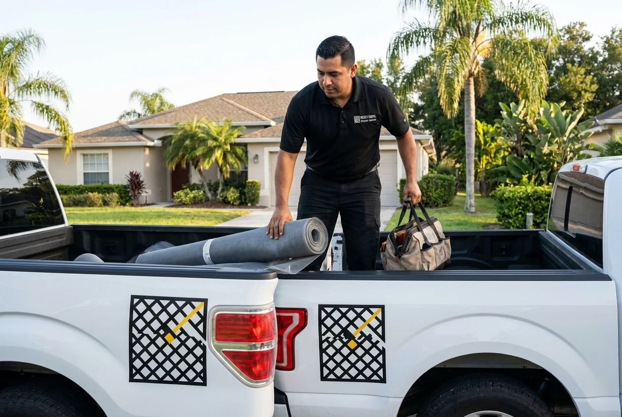 Wesley Chapel Screen Repair technician carrying a fresh roll of charcoal screen mesh into a pool enclosure
