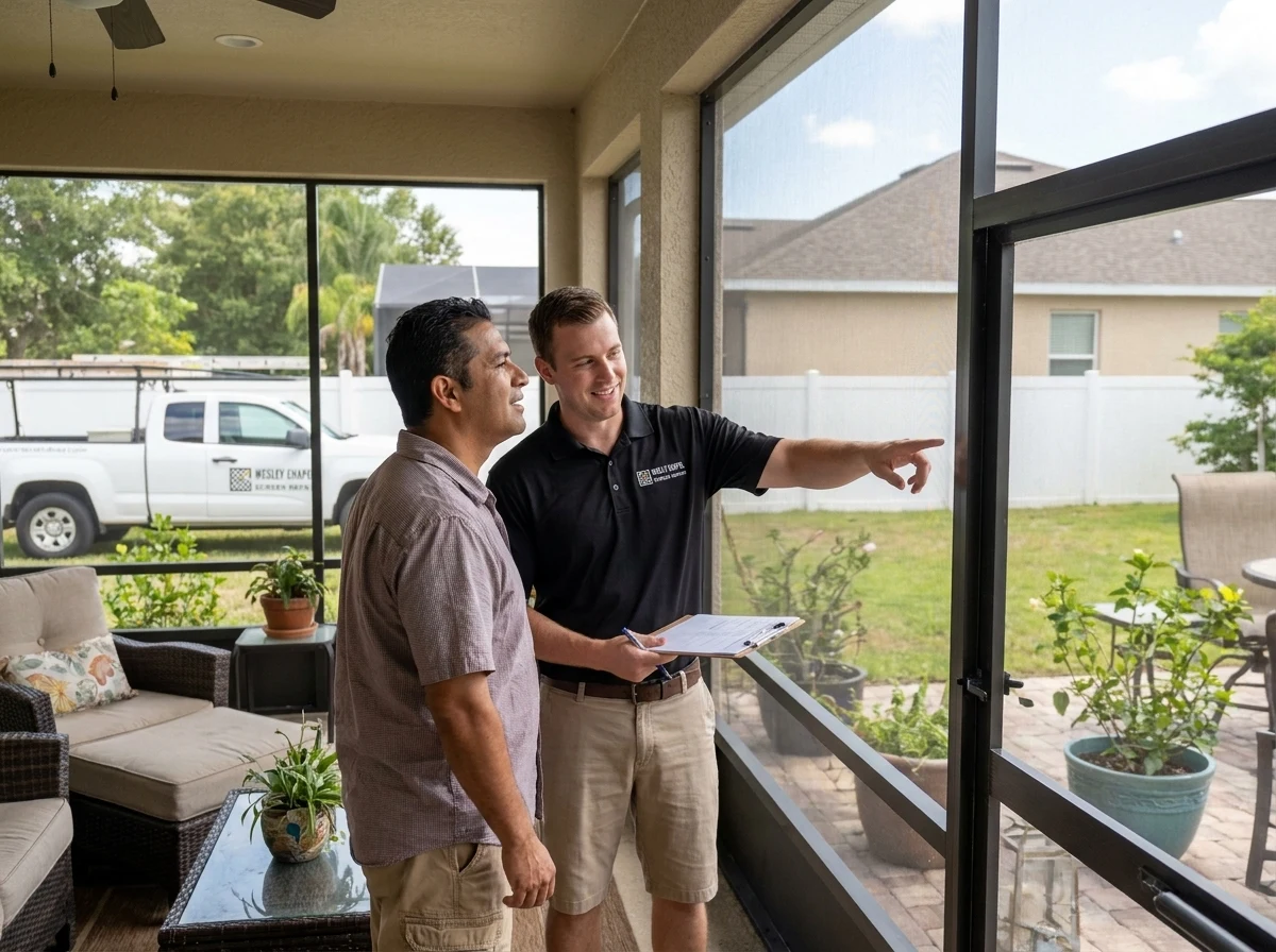 Estimator with a tape measure reviewing a pool enclosure with a Wesley Chapel homeowner