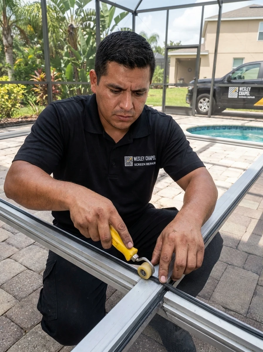 Screen repair and pool cage rescreening at a San Antonio, Florida home