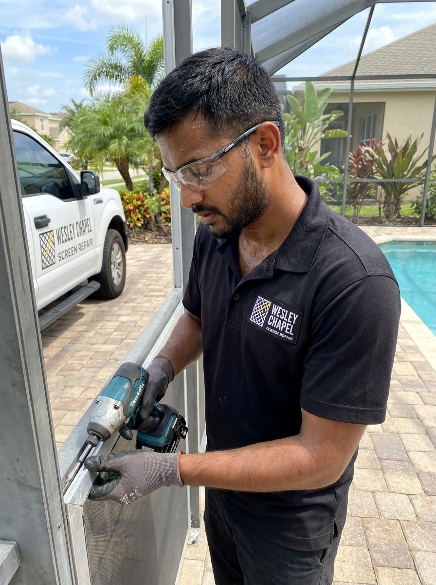 Screen technician carrying a rebuilt window screen frame